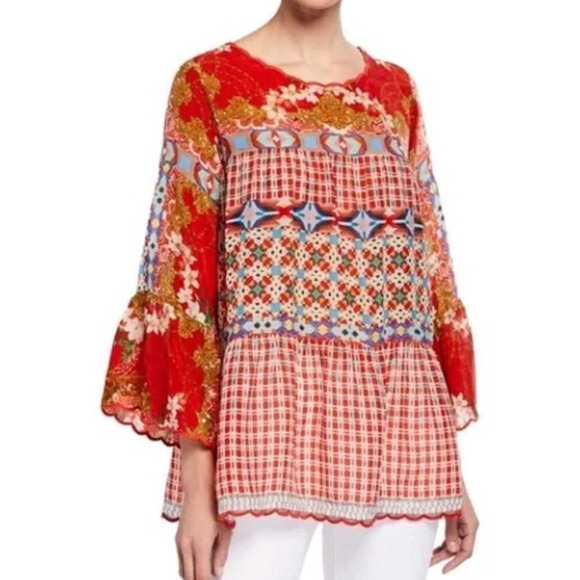 Johnny Was Tops - Johnny Was Fyson Mixed-Print Georgette Tunic Blouse Size 1X